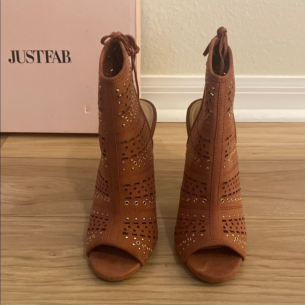 JustFab Brown Heeled Boots with High Heel and Intricate Perforated Design